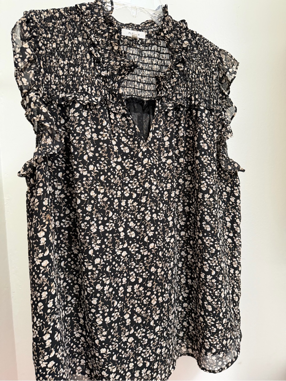 Pleione Black Floral Ruffle Neck Sleeveless Top
